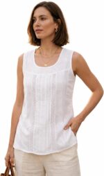 L'Awadh Top Femme Été Coton Blanc - Débardeur sans Manches Style Bohème Romantique, Broderie Artisanale, Encolure Ronde