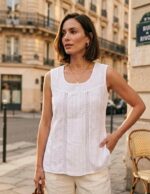 L'Awadh Top Femme Été Coton Blanc - Débardeur sans Manches Style Bohème Romantique, Broderie Artisanale, Encolure Ronde - Image 2