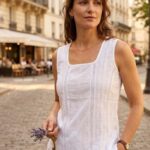 L’Awadh Top Femme Coton Blanc – Plis Nervurés – Débardeur Brodé Sans Manches