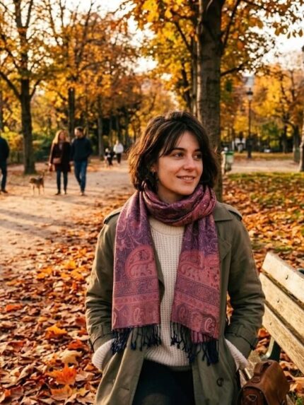 Femme portant une écharpe en laine à motif paisley en extérieur