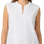 L’Awadh Débardeur Femme Blanc en Coton – Top Brodé Été sans Manches, Blouse Blanche Légère Style Bohème Romantique