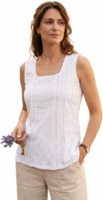 L'Awadh Top Femme Été Coton Blanc - Débardeur sans Manches Style Bohème Romantique, Broderie Artisanale, Encolure Ronde