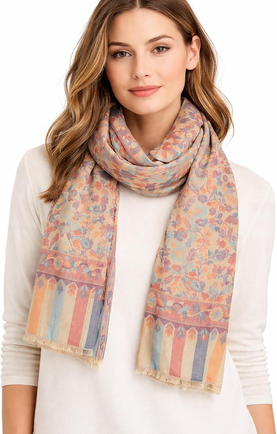 71H5AqTIAKL._AC_SL1500_.jpg Écharpe Femme en Laine Fine – Inspiration du Kashmir – Douce, Légère et Chaude – Motifs Floraux Élégants – 200 x 70 cm - Image 1